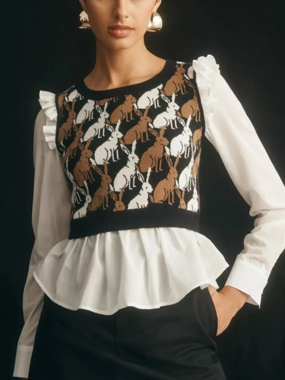 Maeve Anthropologie Ruffled Twofer Layered Sweater Vest Blouse - Bunny Pattern M - Picture 1 of 7